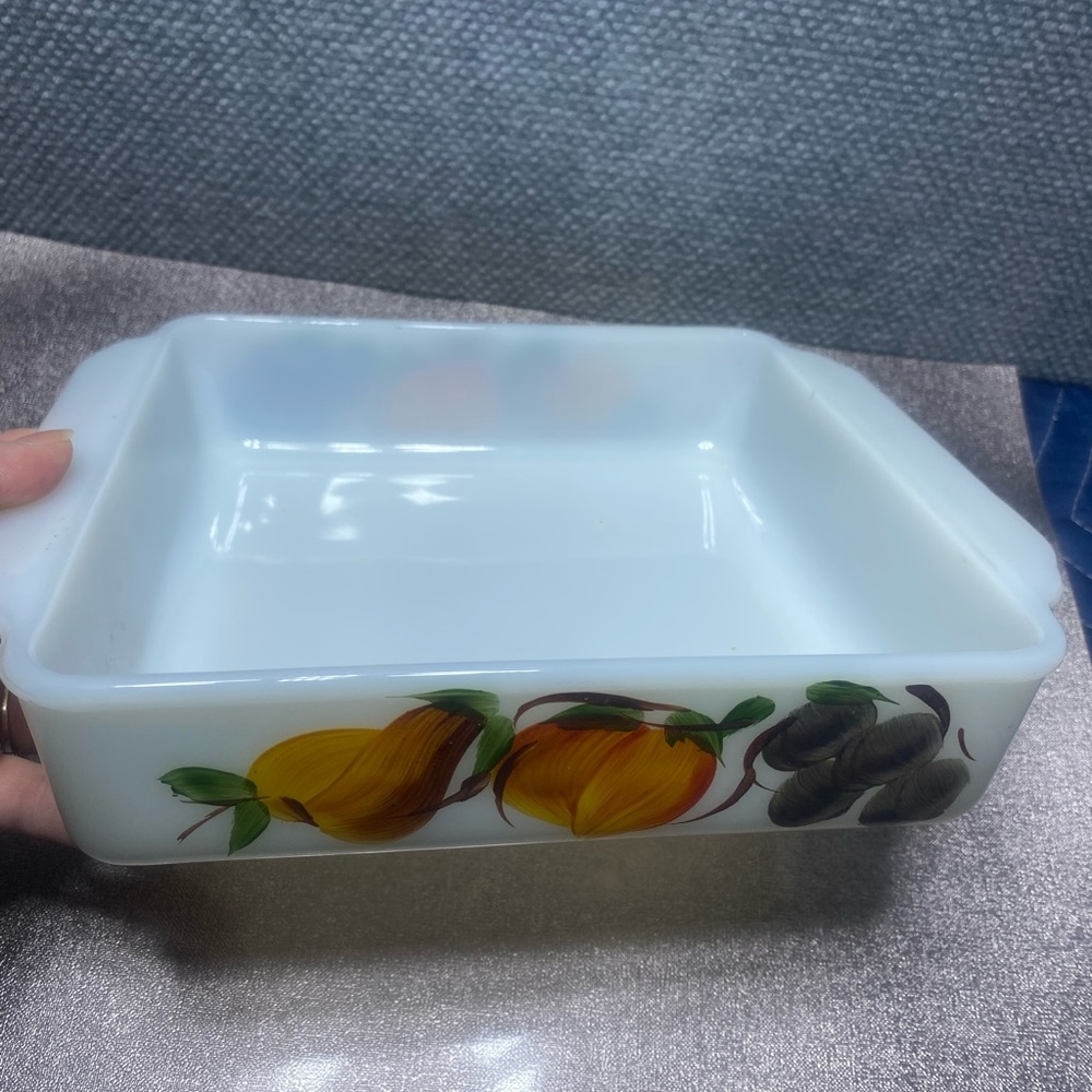 Vintage Fire King no 452 fruit design 8”x8” dish